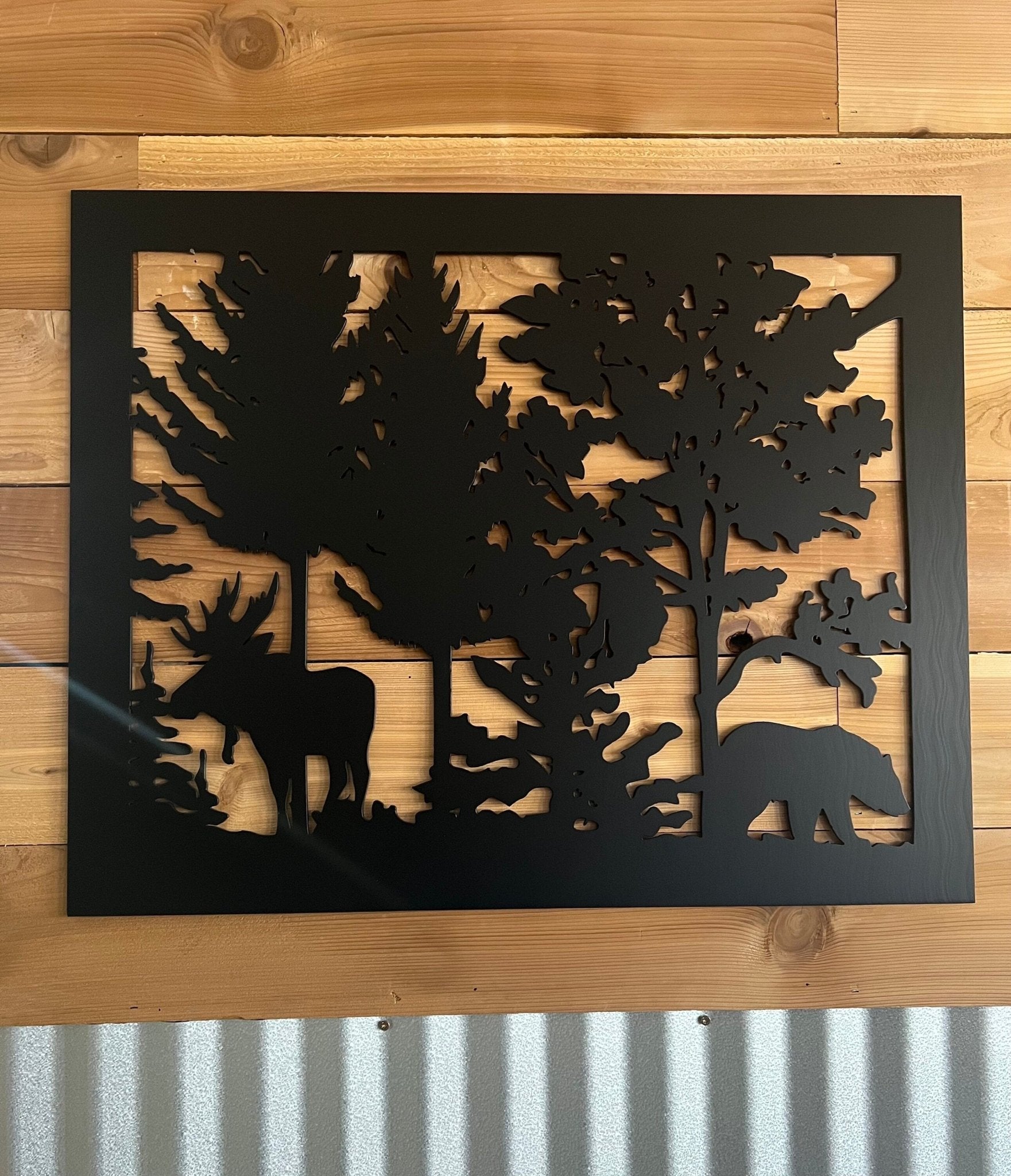 Decorative Rustic Metal Panel, Metal Panel Insert, Wildlife scenery with bear & moose. - Wood & Metal By Dao