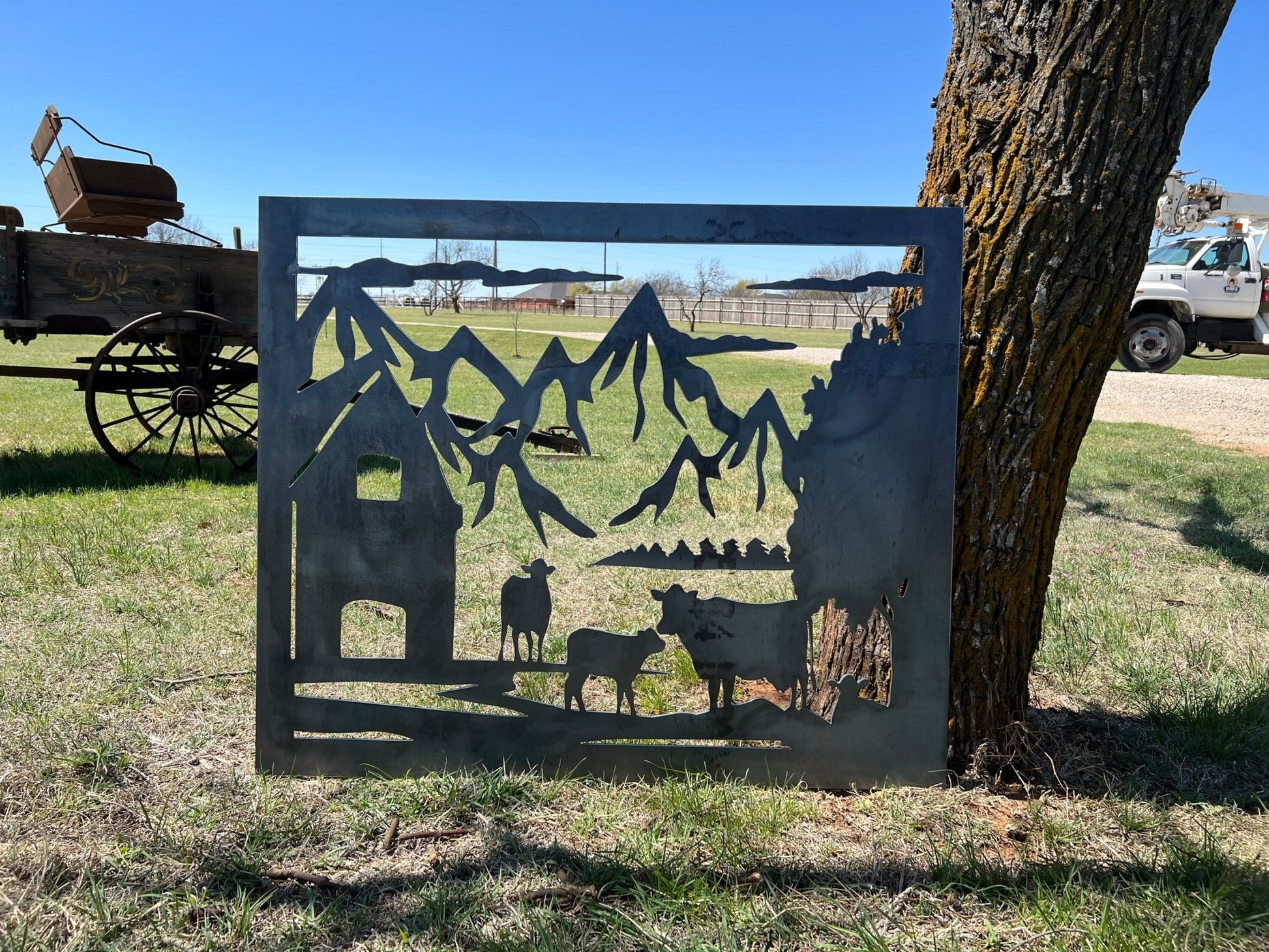 Farm Scenery with Barn and Cow Metal Panel - P19 - Wood & Metal By Dao