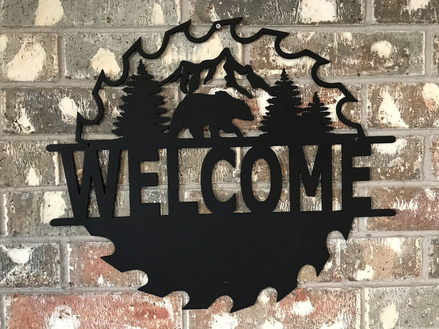 Saw Blade with Bear Welcome Metal Sign, Metal Wall Art - Wood & Metal By Dao