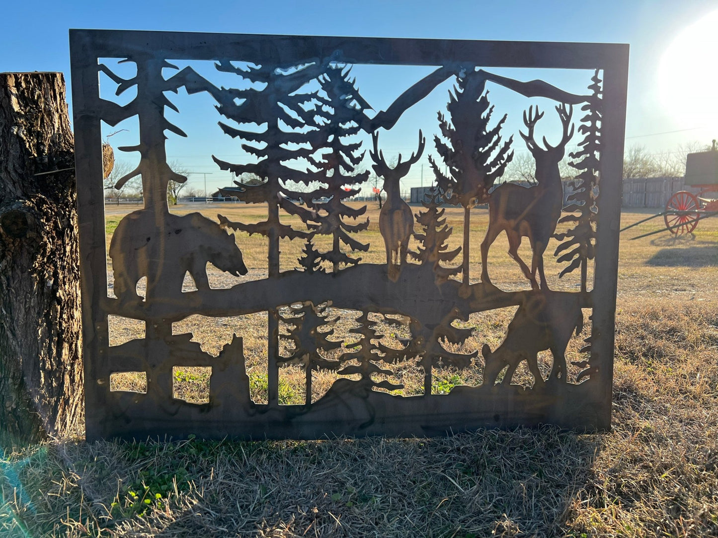 Wildlife Scenery with Bear and Deer Metal Panel - P2 - Wood & Metal By Dao