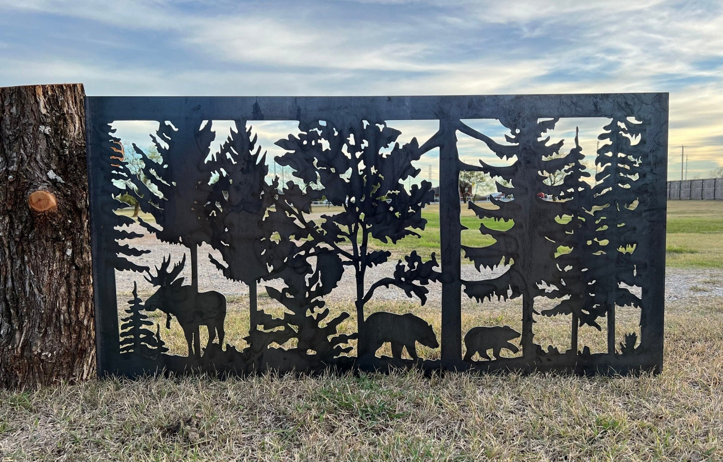 Wildlife Scenery with Bear and Moose Metal Panel - P4 - Wood & Metal By Dao